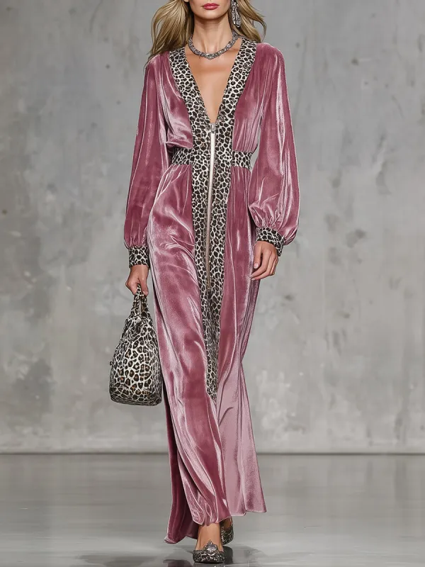 Fashionable Pink Velvet Patchwork Leopard Print Zipper Straight Maxi Dress sold by Oyrosy