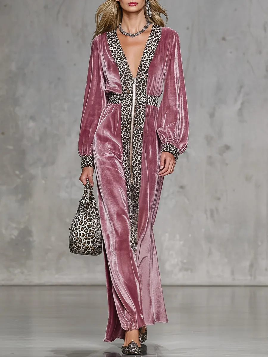 Fashionable Pink Velvet Patchwork Leopard Print Zipper Straight Maxi Dress sold by Oyrosy