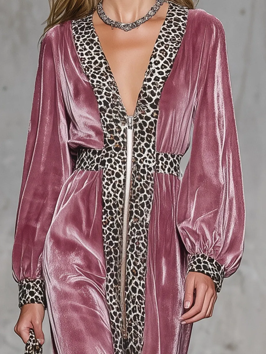 Fashionable Pink Velvet Patchwork Leopard Print Zipper Straight Maxi Dress sold by Oyrosy product image thumbnail 4