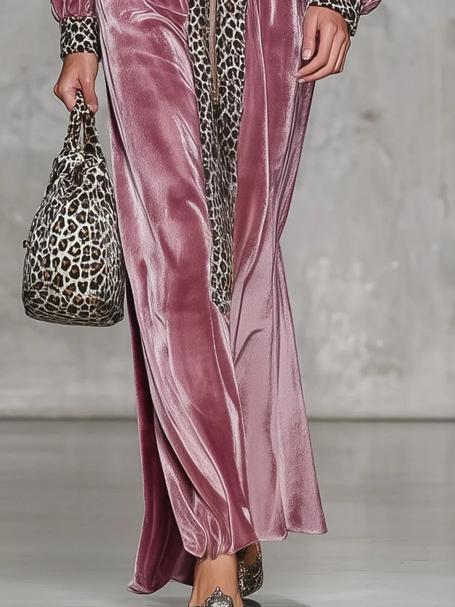 Fashionable Pink Velvet Patchwork Leopard Print Zipper Straight Maxi Dress sold by Oyrosy product image thumbnail 3