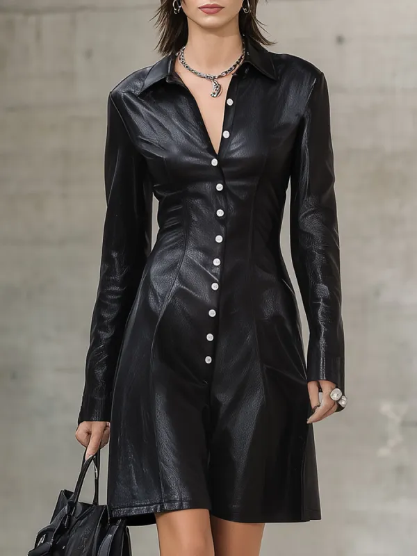 Stylish Black Faux Leather Button-front Long-sleeved Mini Dress sold by Oyrosy