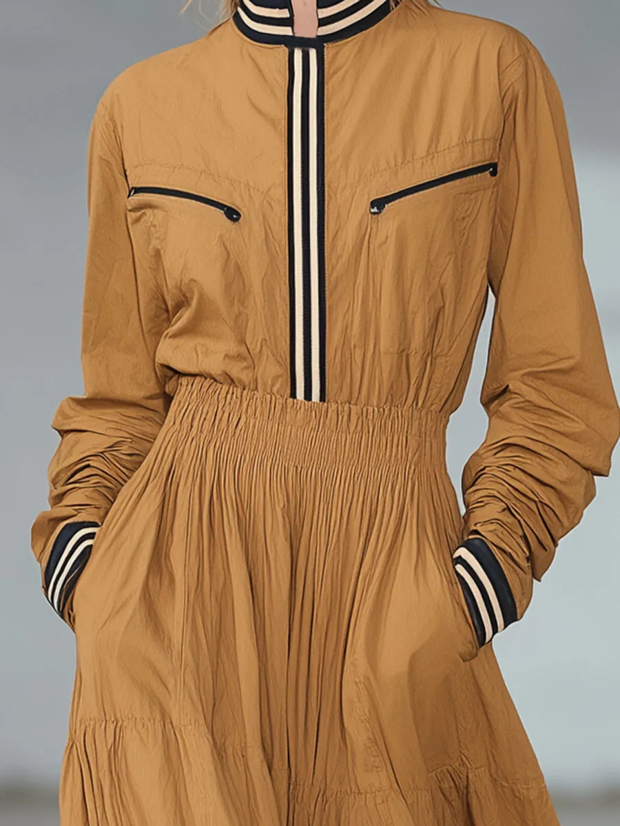 Casual Khaki Striped Elastic Waist Maxi Dress sold by Oyrosy product image thumbnail 3