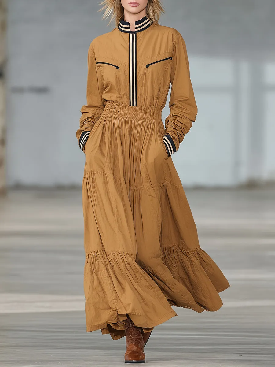 Casual Khaki Striped Elastic Waist Maxi Dress sold by Oyrosy