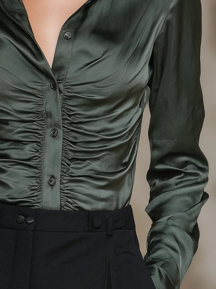 Elegant Green Pleated Button-down Long-sleeved Shirt sold by Oyrosy product image thumbnail 3
