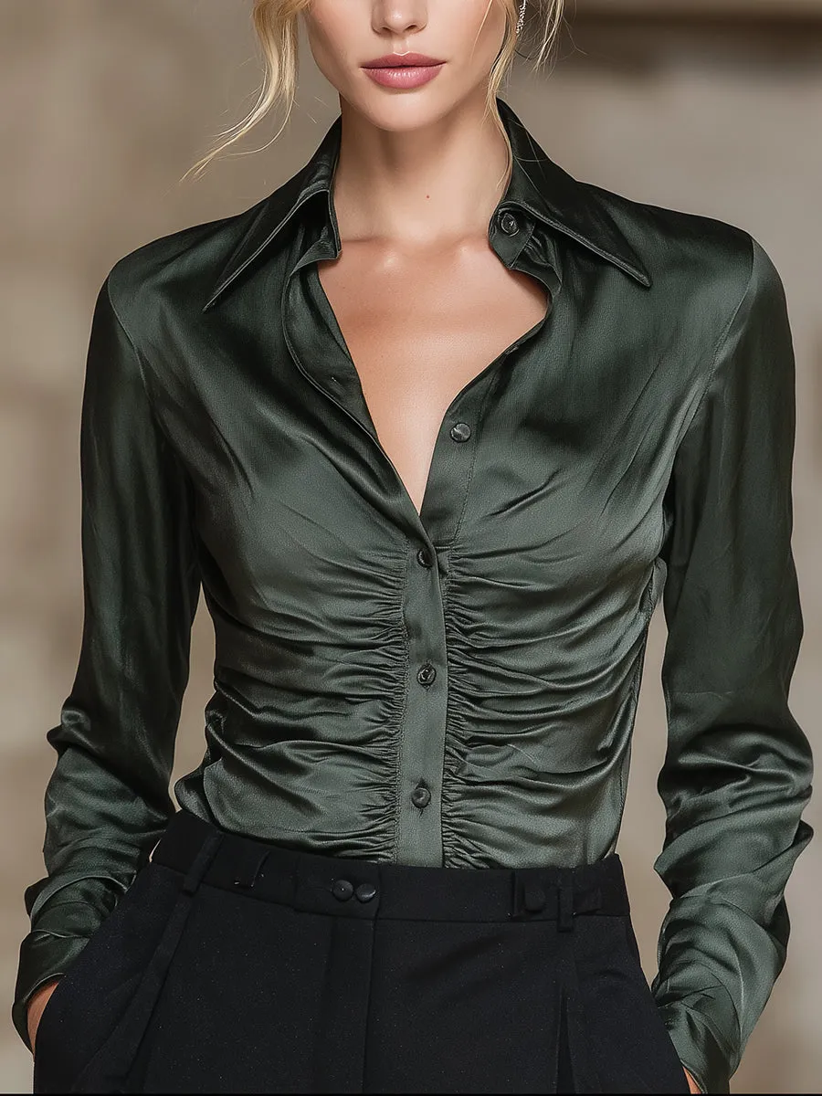 Elegant Green Pleated Button-down Long-sleeved Shirt sold by Oyrosy