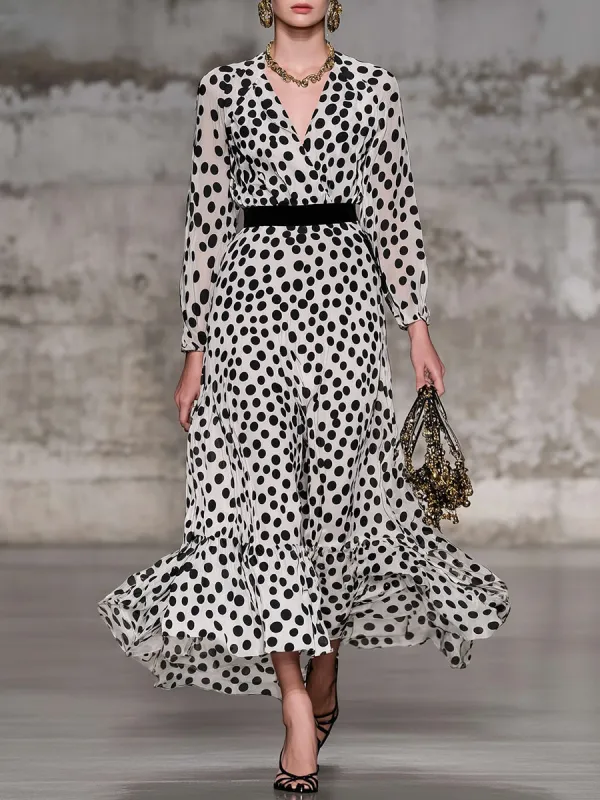 Retro Classic Black And White Polka Dot V-neck Maxi Dress sold by Oyrosy