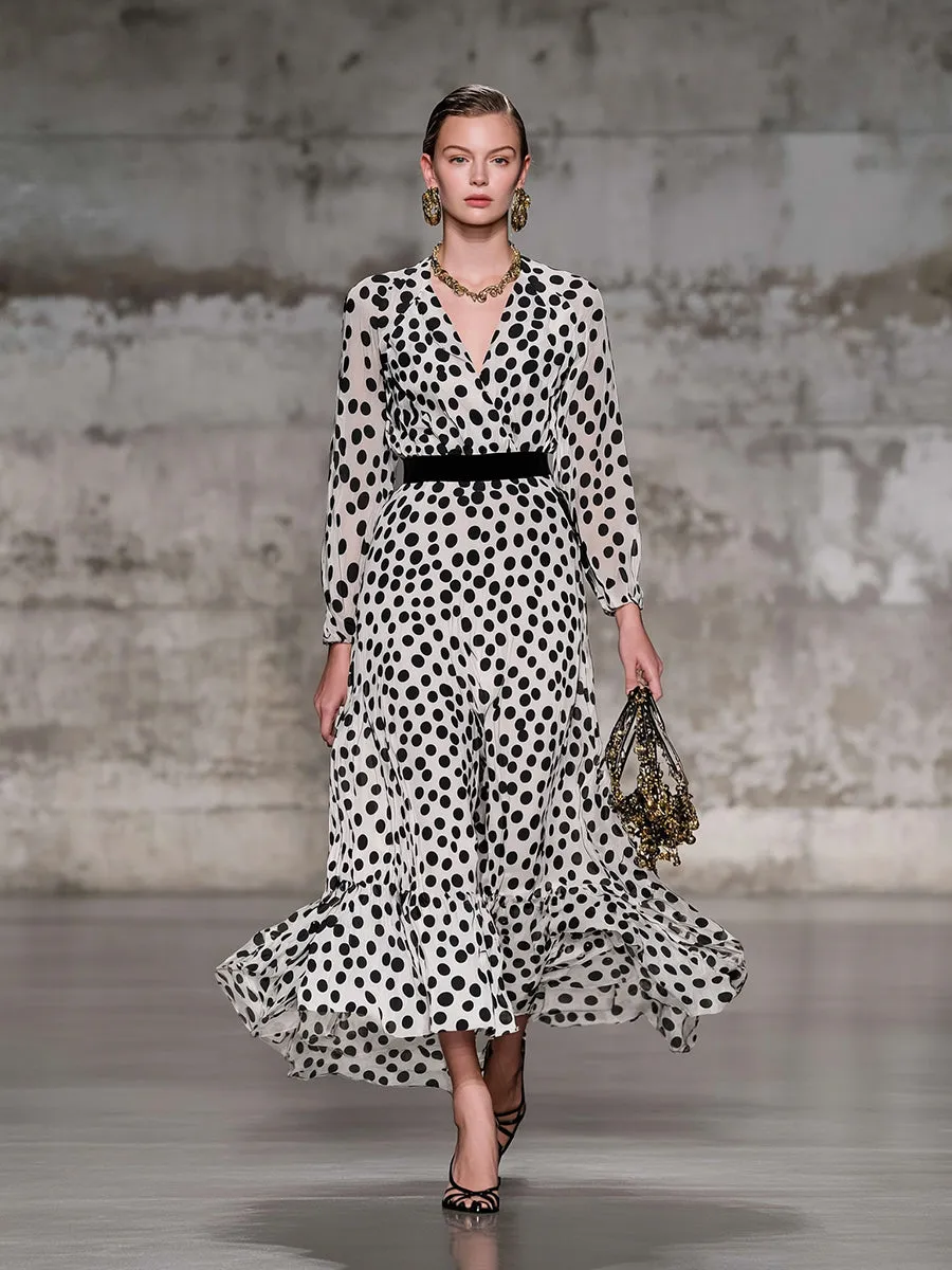 Retro Classic Black And White Polka Dot V-neck Maxi Dress sold by Oyrosy product image thumbnail 2