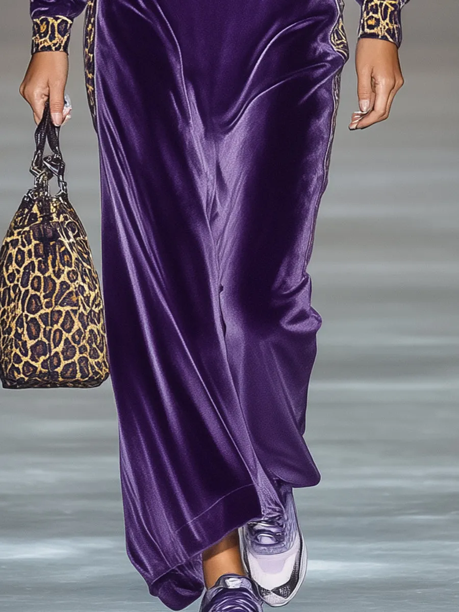 Stylish Purple Loose-fitting Zippered Leopard Print Maxi Dress sold by Oyrosy product image thumbnail 3