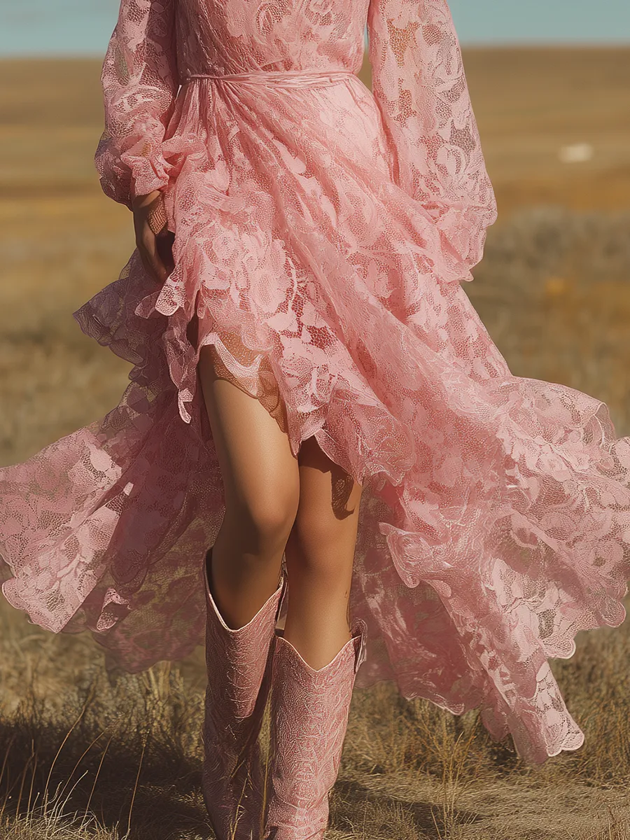 Romantic Bohemian V-neck Irregular Hem Pink Lace Maxi Dress sold by Oyrosy product image thumbnail 4