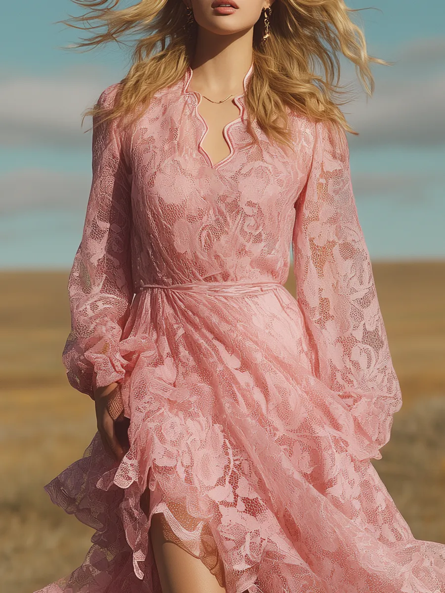 Romantic Bohemian V-neck Irregular Hem Pink Lace Maxi Dress sold by Oyrosy product image thumbnail 3