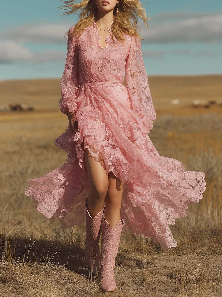 Romantic Bohemian V-neck Irregular Hem Pink Lace Maxi Dress sold by Oyrosy