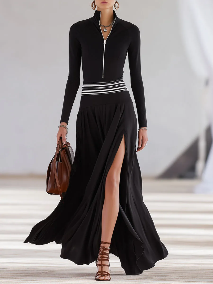 Black Stand-up Collar Zippered Color-blocked Ribbed Maxi Dress sold by Oyrosy