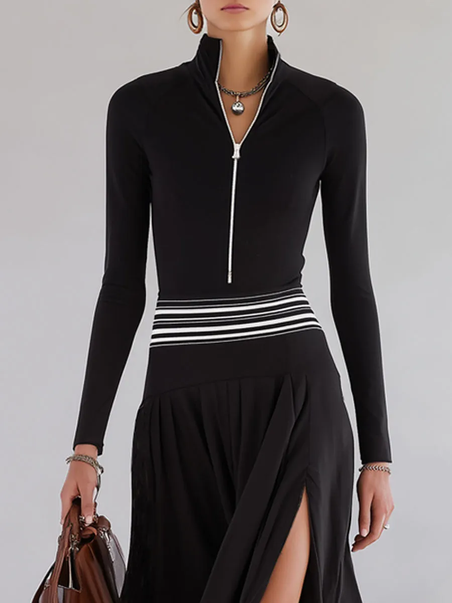 Black Stand-up Collar Zippered Color-blocked Ribbed Maxi Dress sold by Oyrosy product image thumbnail 2