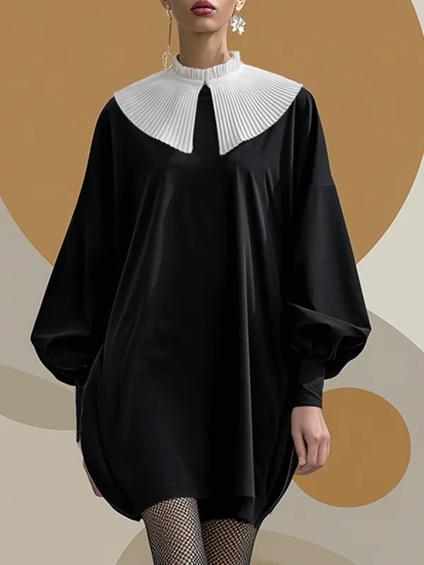 Elegant And Sophisticated White Lapel Black Matte Velvet Tulip-shaped Mini Dress sold by Oyrosy