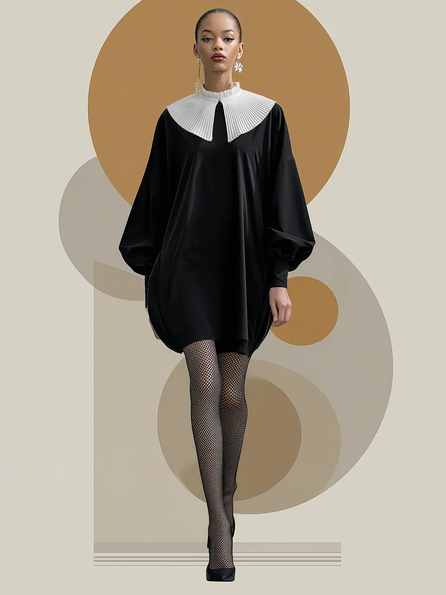 Elegant And Sophisticated White Lapel Black Matte Velvet Tulip-shaped Mini Dress sold by Oyrosy product image thumbnail 2