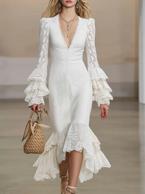 V-neck Lace Ruffle Long-sleeved Midi Dress sold by Oyrosy