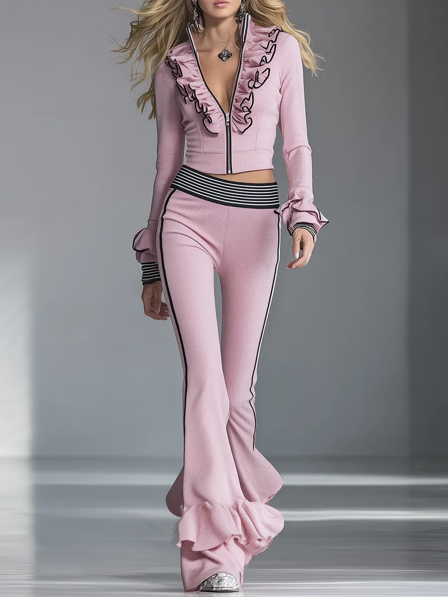 Elegant Sporty Black-trimmed Pink Flared Pants Set sold by Oyrosy