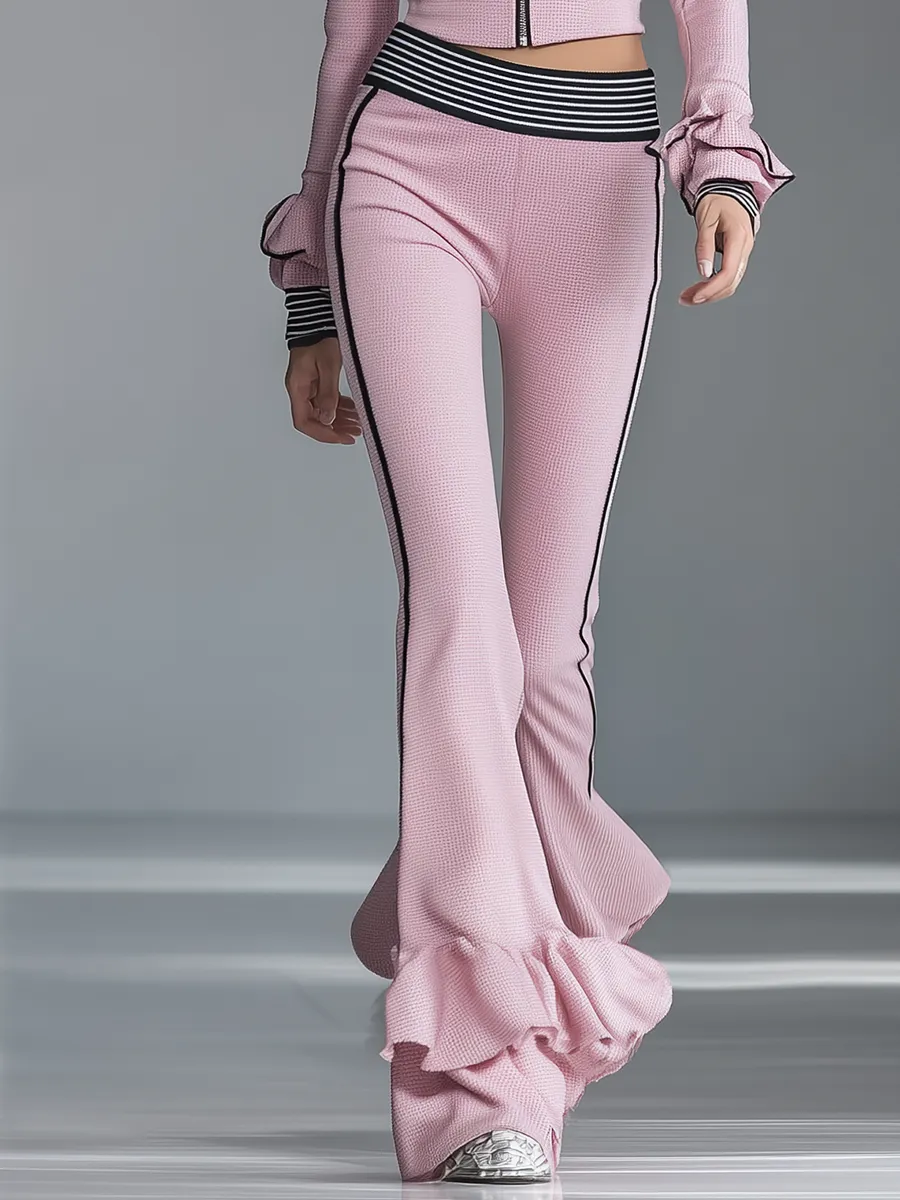 Elegant Sporty Black-trimmed Pink Flared Pants Set sold by Oyrosy product image thumbnail 4