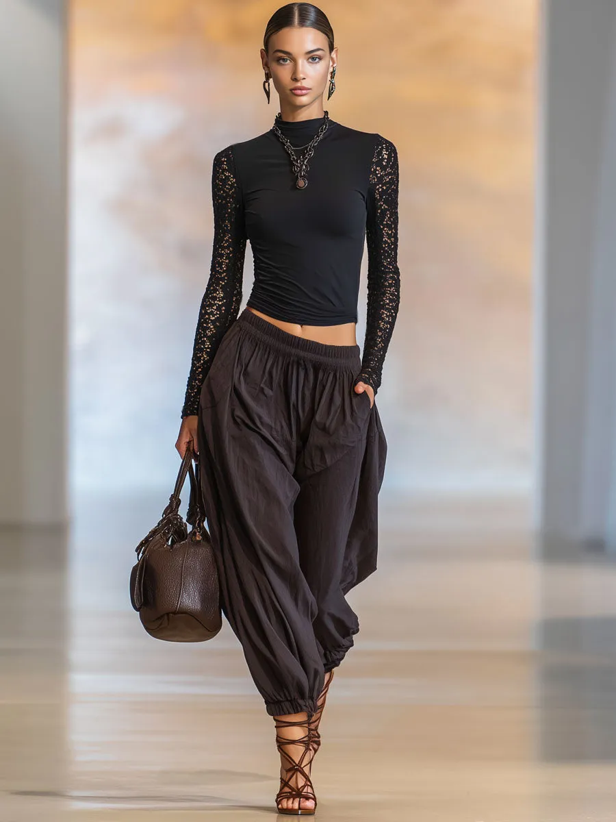 High-neck Lace-trimmed Cotton Long-sleeved T-shirt And Loose Wide-leg Pants Set sold by Oyrosy product image thumbnail 4