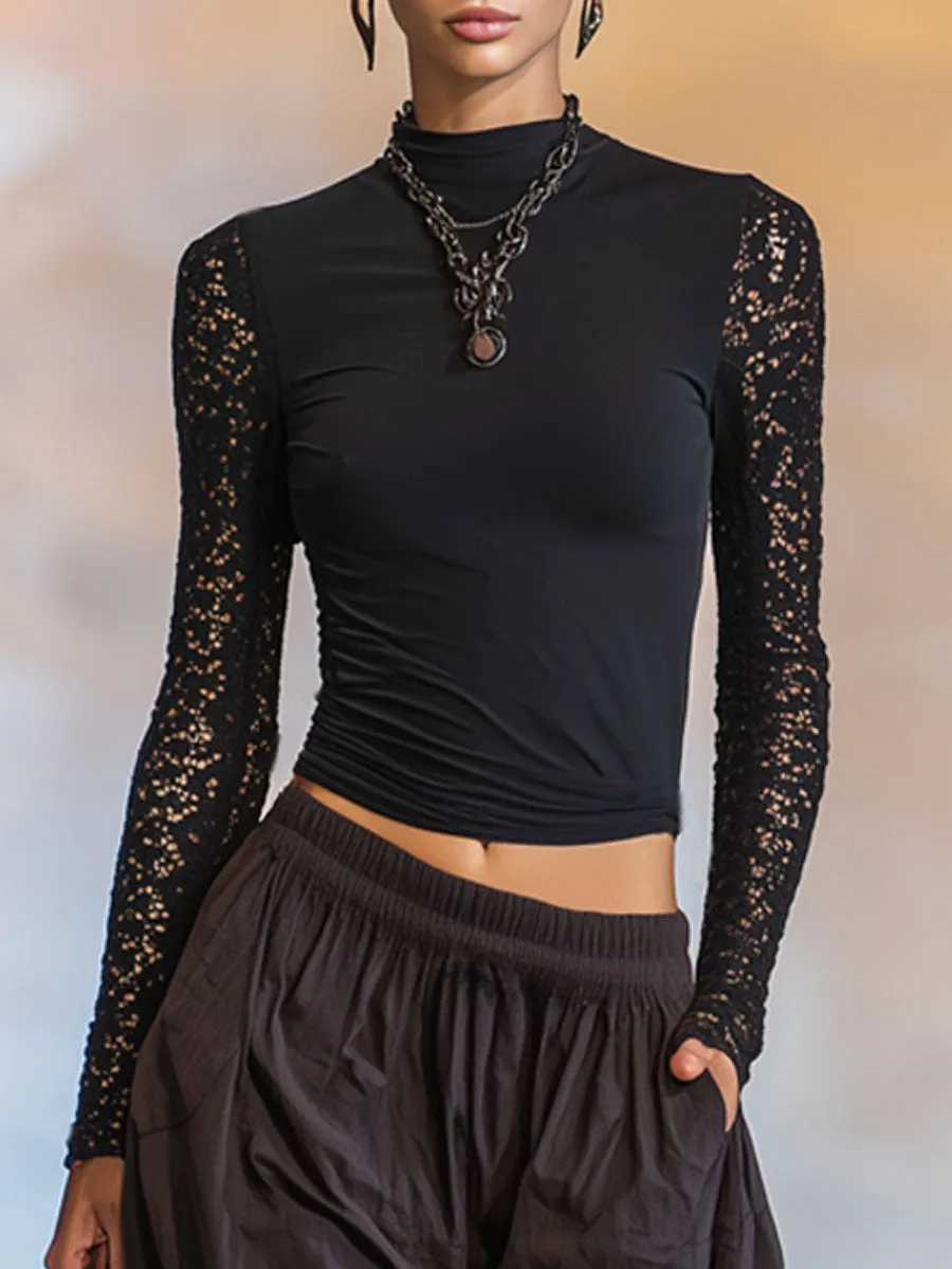 High-neck Lace-trimmed Cotton Long-sleeved T-shirt And Loose Wide-leg Pants Set sold by Oyrosy product image thumbnail 2