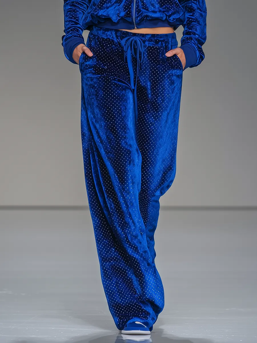 Trendy Hooded Sweatshirt Wide-leg Pants Royal Blue Rhinestone Velvet Set sold by Oyrosy product image thumbnail 4