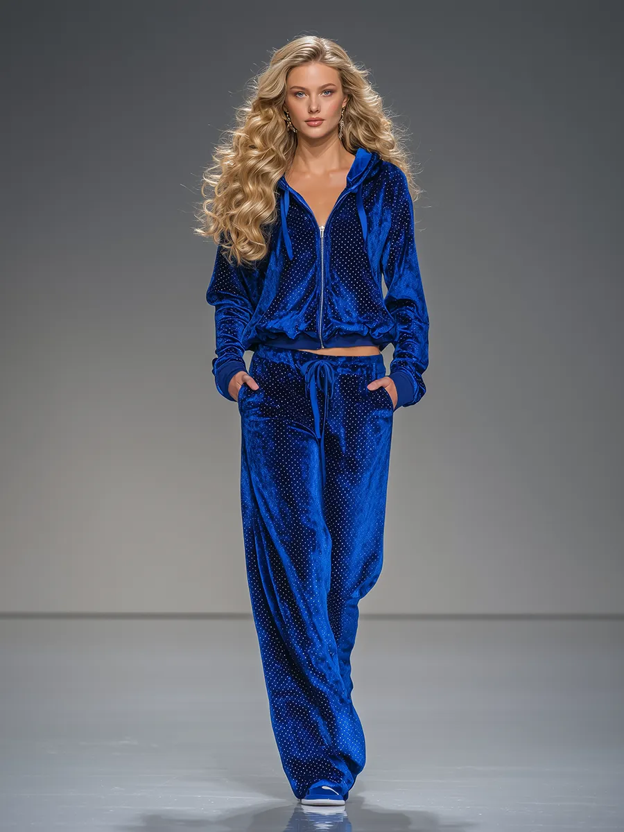 Trendy Hooded Sweatshirt Wide-leg Pants Royal Blue Rhinestone Velvet Set sold by Oyrosy product image thumbnail 2