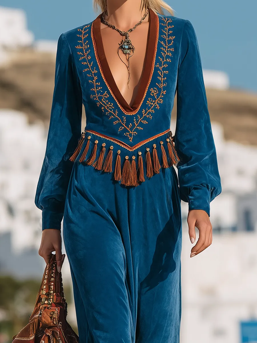 Retro Western Style V-Neck Embroidered Tassel Faux Suede Midi Dress sold by Oyrosy product image thumbnail 3