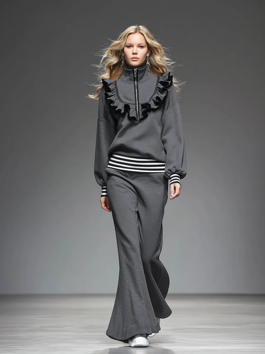 Elegant Sporty Ruffled Sweatshirt And Flared Pants Set sold by Oyrosy product image thumbnail 2