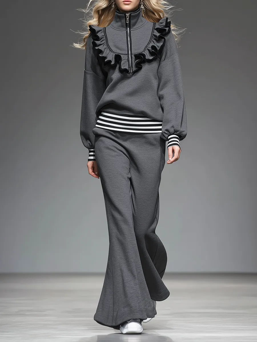 Elegant Sporty Ruffled Sweatshirt And Flared Pants Set sold by Oyrosy