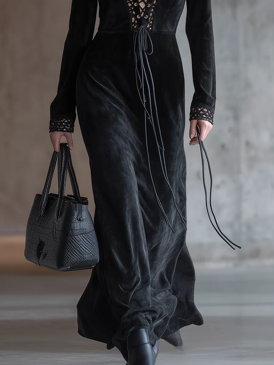 Chic Western-style Lace-up Black Faux Suede Maxi Dress sold by Oyrosy product image thumbnail 4