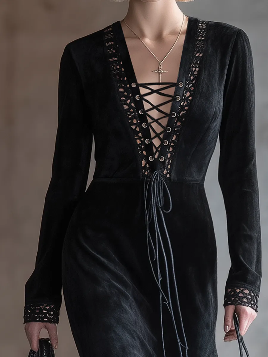 Chic Western-style Lace-up Black Faux Suede Maxi Dress sold by Oyrosy product image thumbnail 3