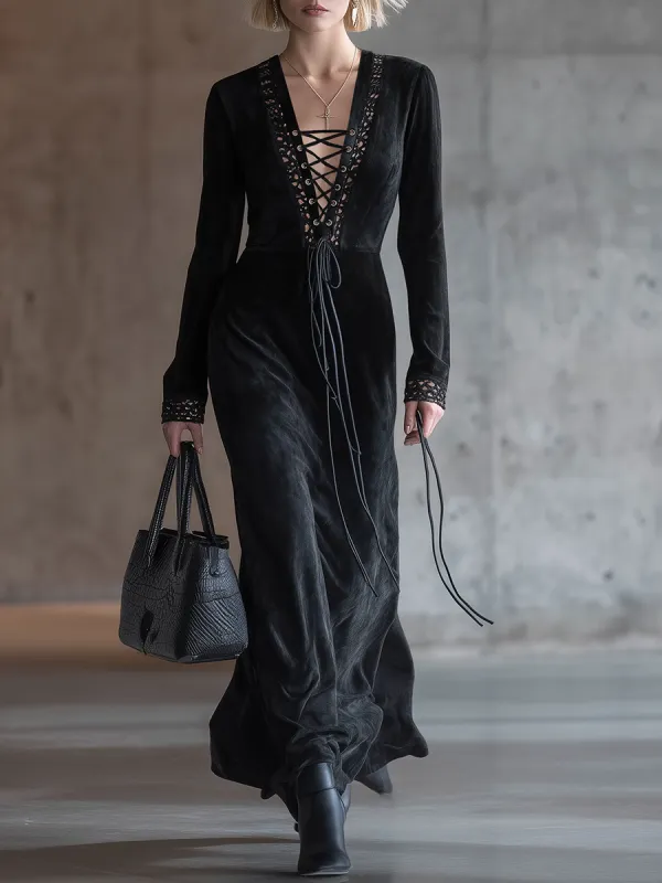 Chic Western-style Lace-up Black Faux Suede Maxi Dress sold by Oyrosy