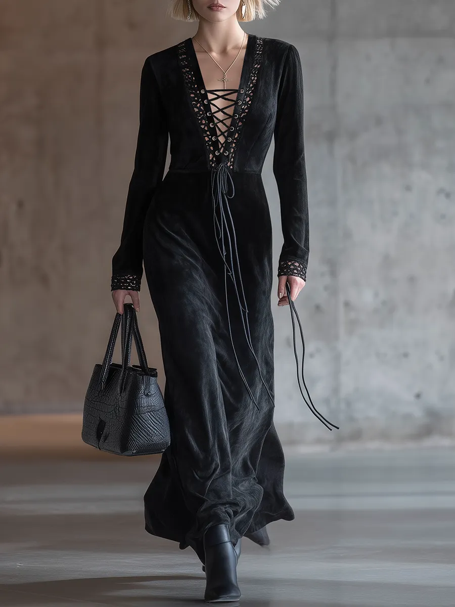 Chic Western-style Lace-up Black Faux Suede Maxi Dress sold by Oyrosy