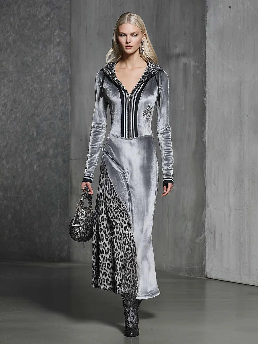 High-end Chic Hooded Leopard Print Silver Maxi Dress sold by Oyrosy product image thumbnail 2