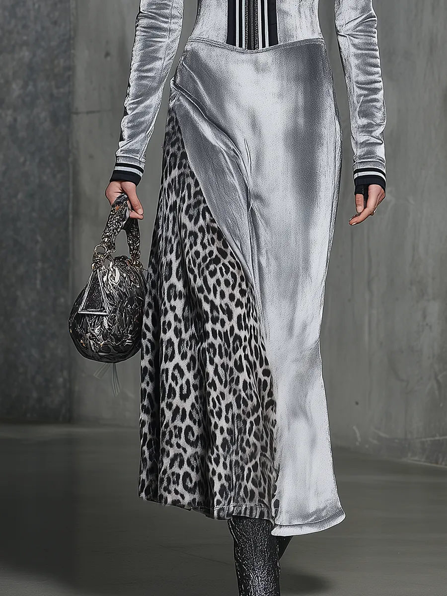 High-end Chic Hooded Leopard Print Silver Maxi Dress sold by Oyrosy product image thumbnail 4