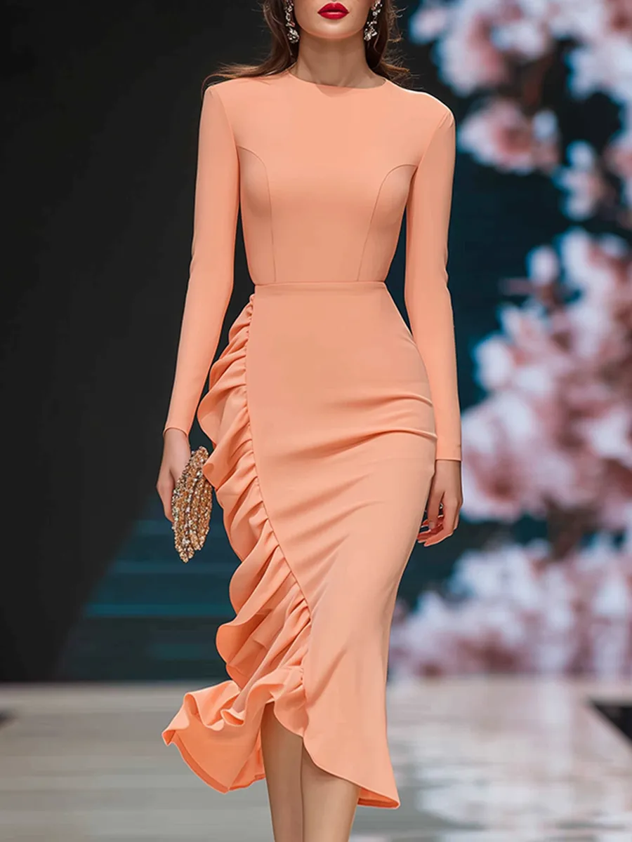 Elegant And Romantic Ruffles Coral Pink Midi Dress sold by Oyrosy