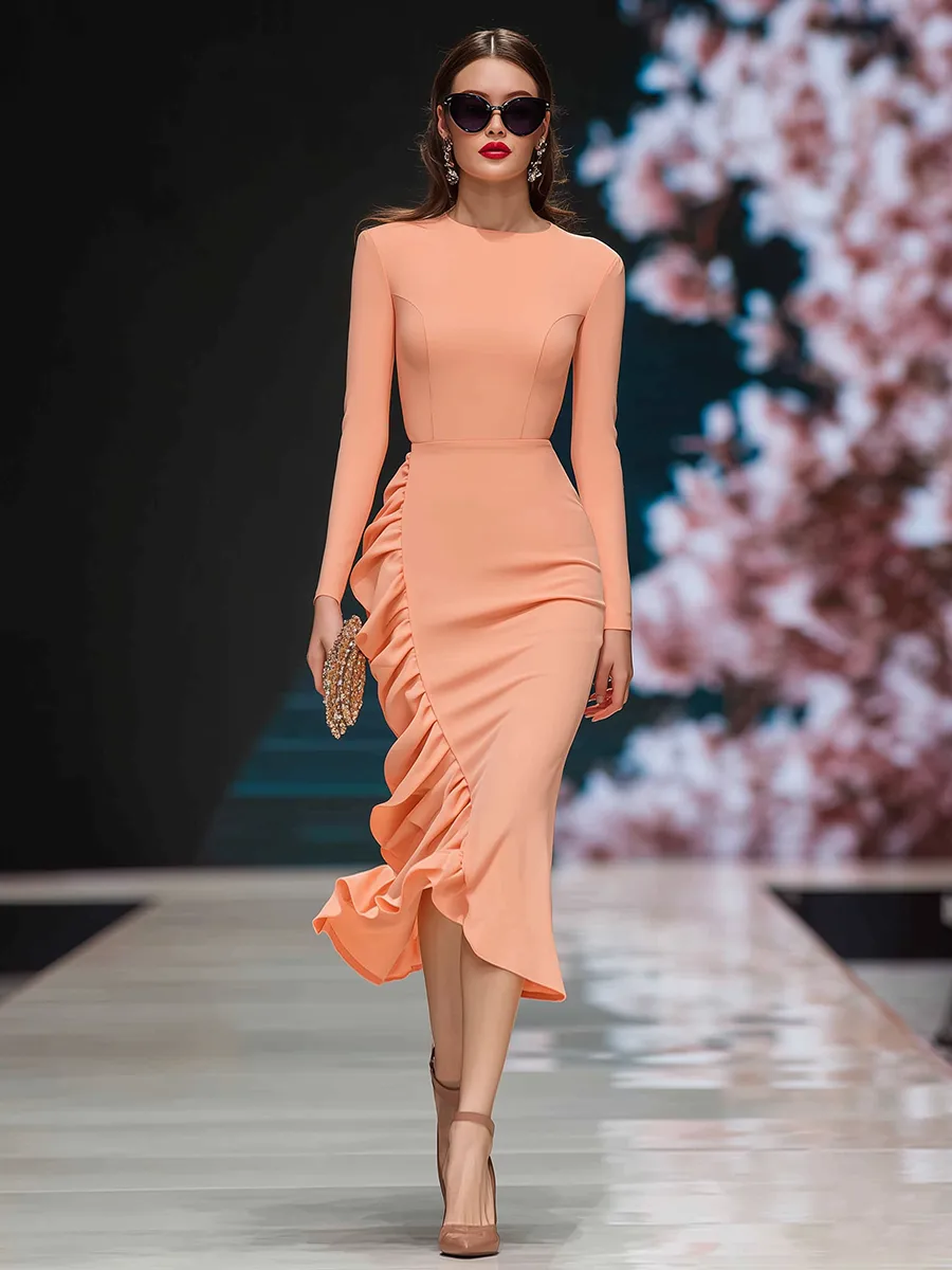 Elegant And Romantic Ruffles Coral Pink Midi Dress sold by Oyrosy product image thumbnail 2