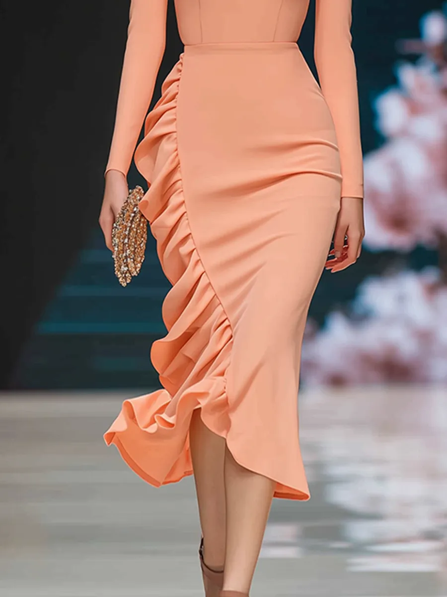 Elegant And Romantic Ruffles Coral Pink Midi Dress sold by Oyrosy product image thumbnail 4