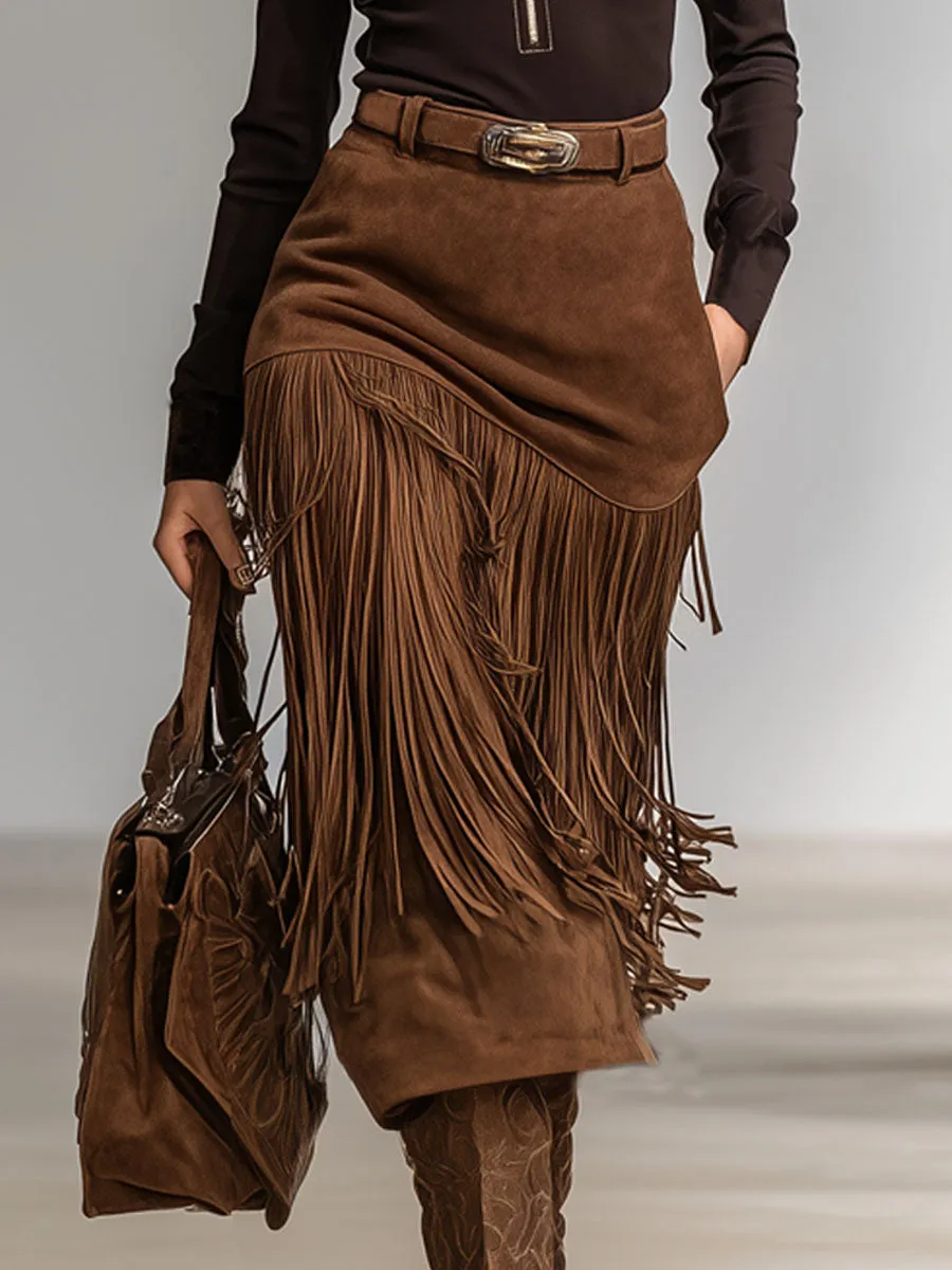 Stand-up Collar Double-pocket Long-sleeved T-shirt And Faux Suede Tassel Skirt Set sold by Oyrosy product image thumbnail 3