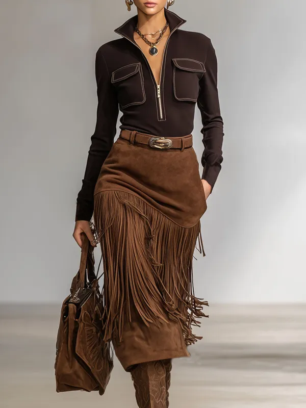 Stand-up Collar Double-pocket Long-sleeved T-shirt And Faux Suede Tassel Skirt Set sold by Oyrosy