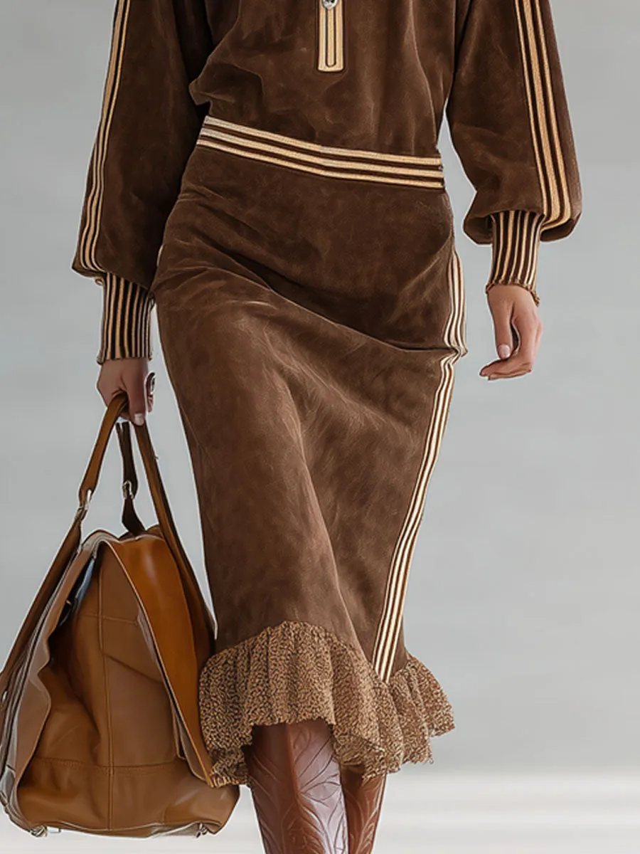 Color-blocked Faux Suede Half-zip Lace-trimmed Midi Dress sold by Oyrosy product image thumbnail 3