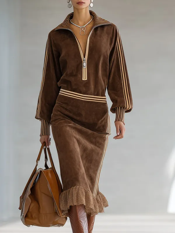 Color-blocked Faux Suede Half-zip Lace-trimmed Midi Dress sold by Oyrosy