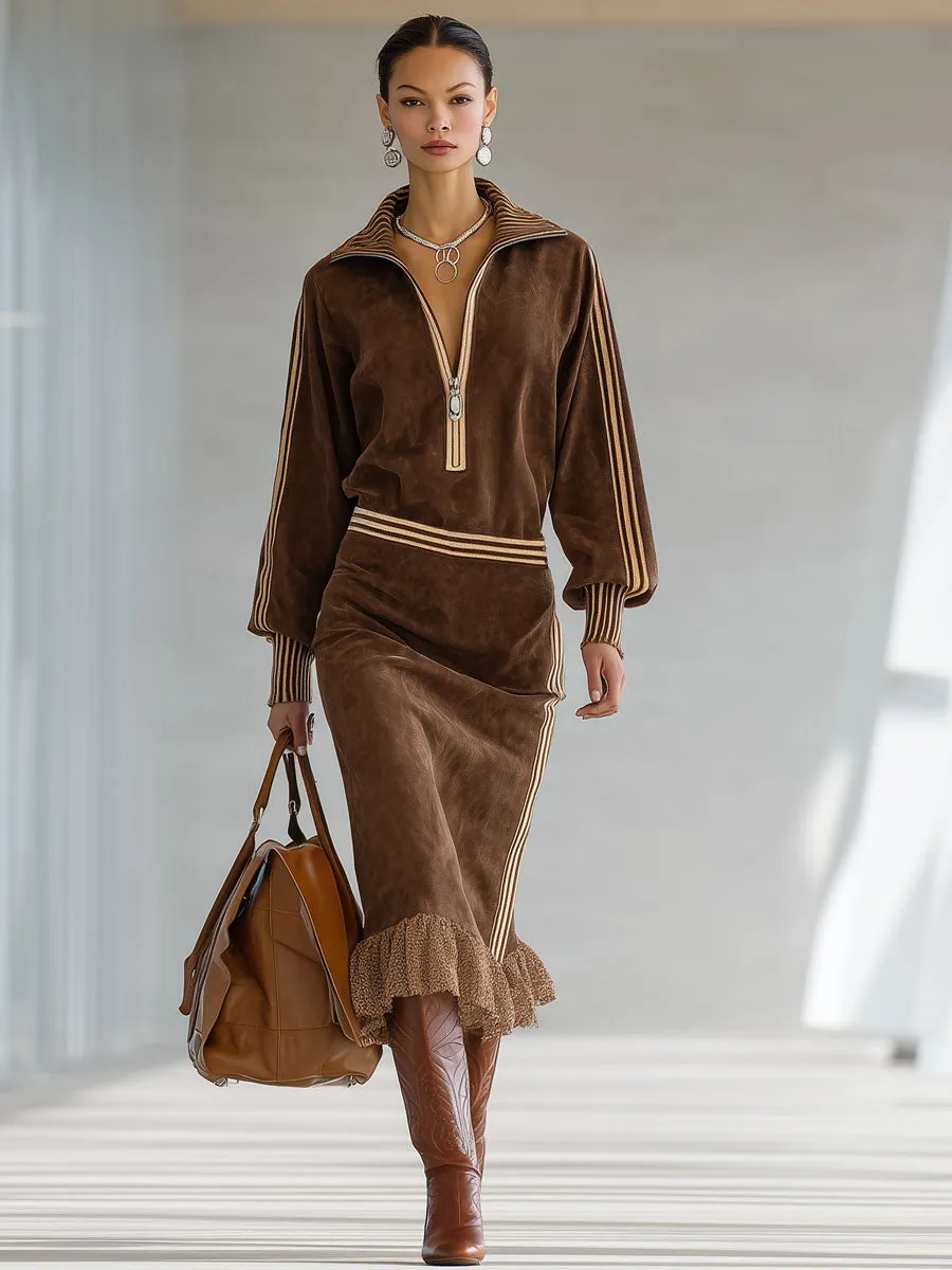 Color-blocked Faux Suede Half-zip Lace-trimmed Midi Dress sold by Oyrosy product image thumbnail 4