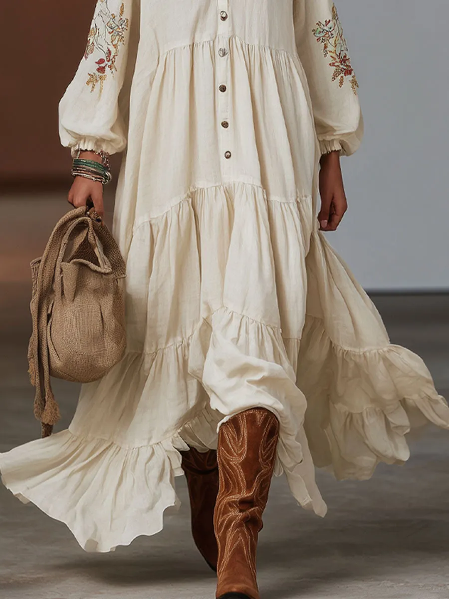 Bohemian Style Loose Floral Embroidered Cotton And Linen Maxi Dress sold by Oyrosy product image thumbnail 3