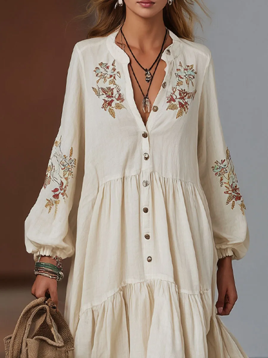 Bohemian Style Loose Floral Embroidered Cotton And Linen Maxi Dress sold by Oyrosy product image thumbnail 2
