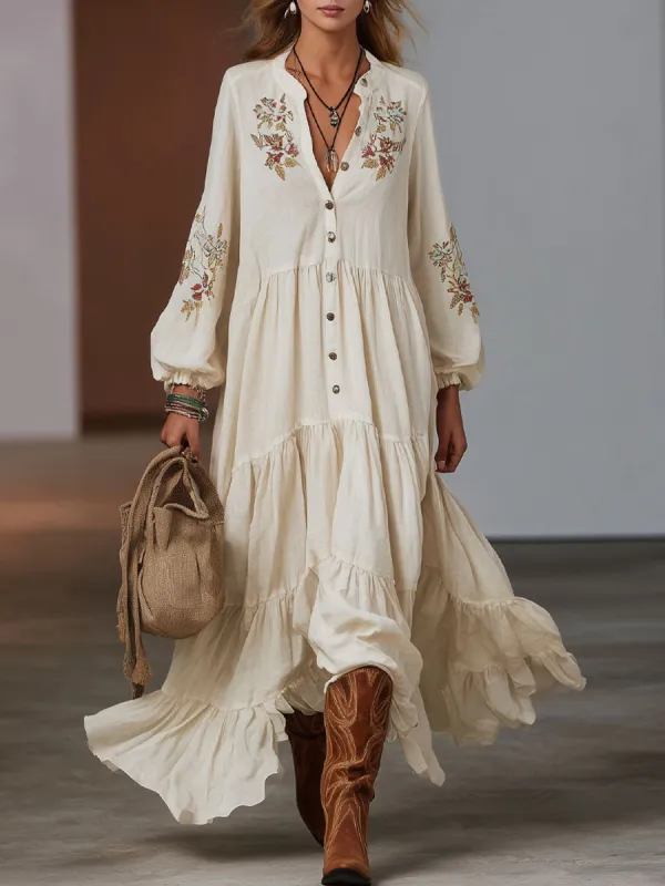 Bohemian Style Loose Floral Embroidered Cotton And Linen Maxi Dress sold by Oyrosy