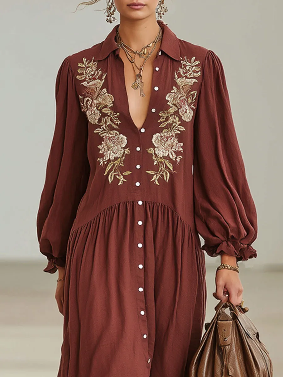 Bohemian Style Floral Embroidered Lapel Single-breasted Cotton Linen Maxi Dress sold by Oyrosy product image thumbnail 2