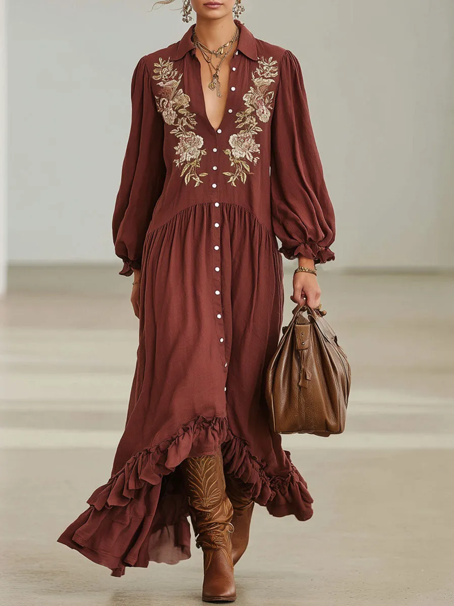 Bohemian Style Floral Embroidered Lapel Single-breasted Cotton Linen Maxi Dress sold by Oyrosy
