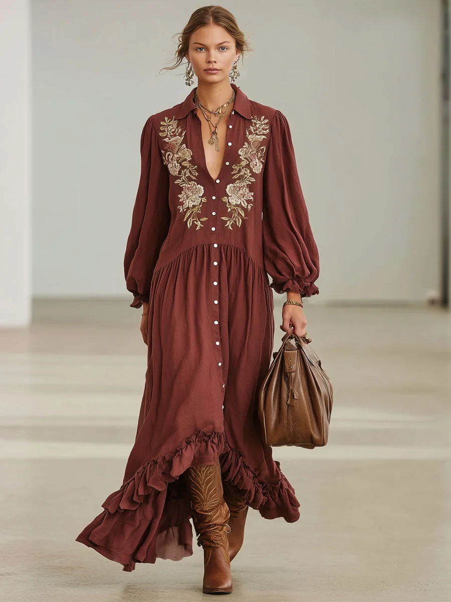 Bohemian Style Floral Embroidered Lapel Single-breasted Cotton Linen Maxi Dress sold by Oyrosy product image thumbnail 4