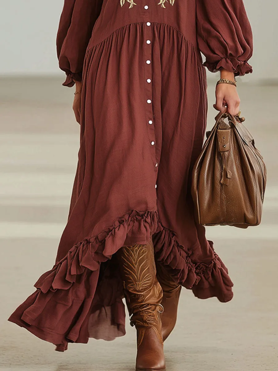 Bohemian Style Floral Embroidered Lapel Single-breasted Cotton Linen Maxi Dress sold by Oyrosy product image thumbnail 3